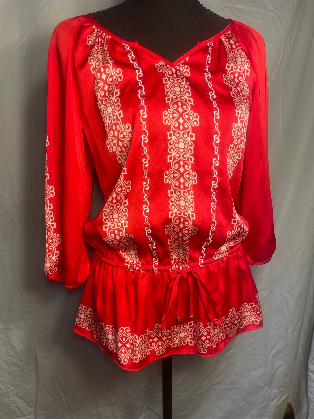 White House Black Market Red Printed Peasant Tunic